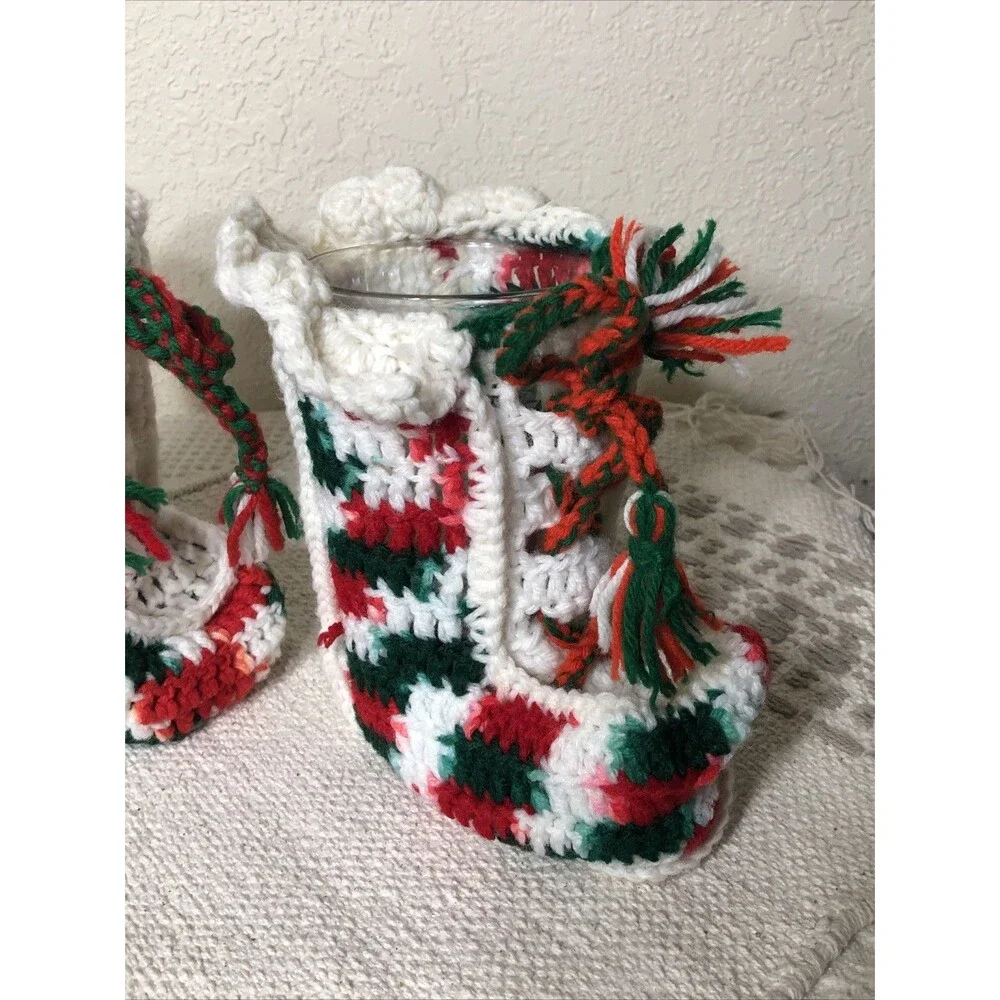 Christmas Stockings Vintage Handmade Grandma Square Crochet Red Green White 6
